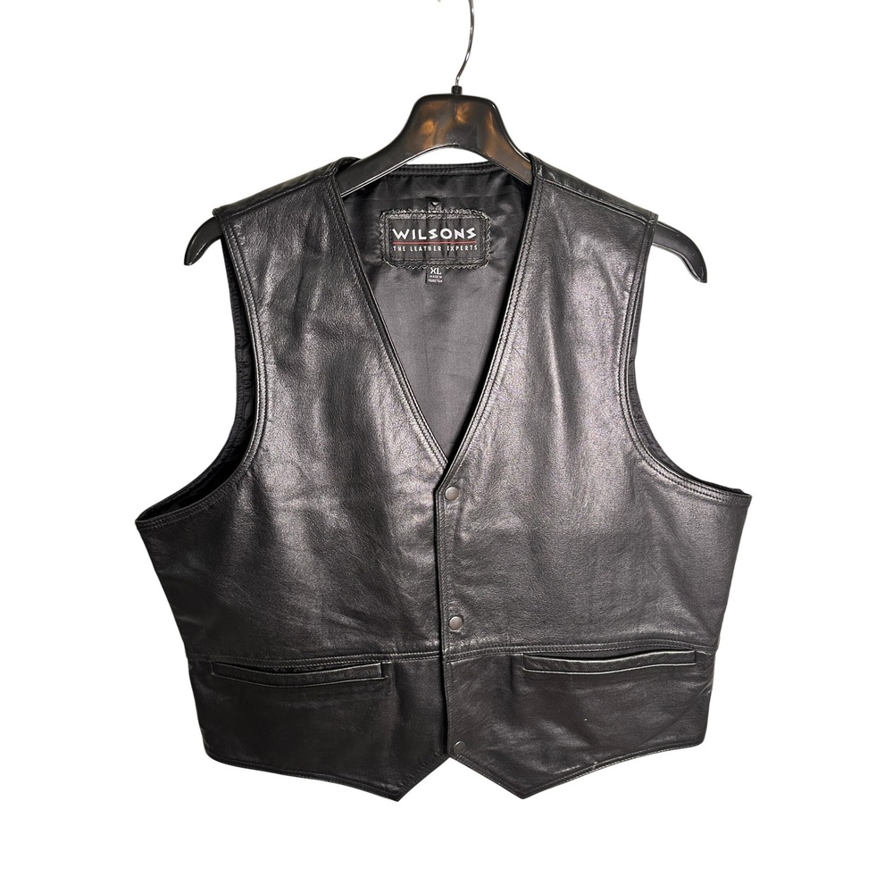 Wilsons Leather Vest Mens XL Black Snap Front Biker Western Waistcoat